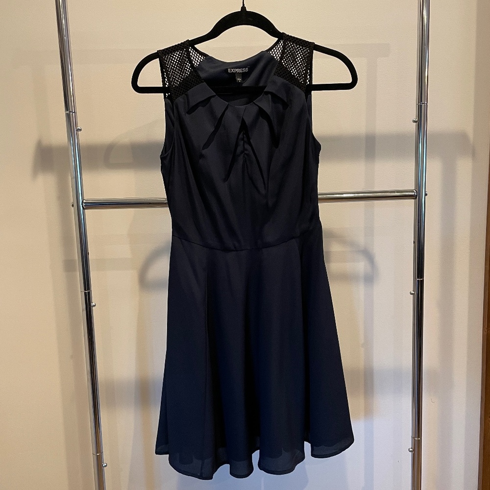Express Navy dress with black mesh shoulder detail